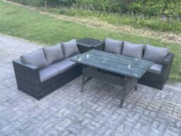 Rackhams PE Wicker Outdoor Garden Furniture Set Patio Rattan Rectangular Dining Table Lounge Sofa with Side Table 6 Seater Dark Grey Mixed - thumbnail 1