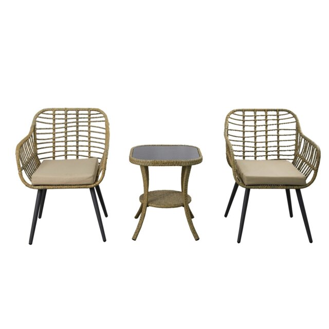 Rackhams 3 Pieces Rattan Garden Furniture Set, Rattan Bistro Set with Glass Top Table, Soft Cushion 2 Seaters + High Glass Top Table Set - Armchair - image 1