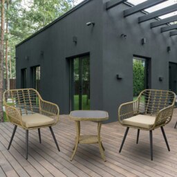 Rackhams 3 Pieces Rattan Garden Furniture Set, Rattan Bistro Set with Glass Top Table, Soft Cushion 2 Seaters + High Glass Top Table Set - Armchair - thumbnail 6