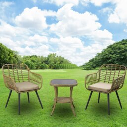 Rackhams 3 Pieces Rattan Garden Furniture Set, Rattan Bistro Set with Glass Top Table, Soft Cushion 2 Seaters + High Glass Top Table Set - Armchair - thumbnail 4
