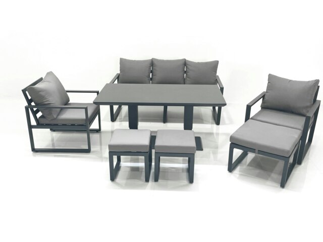 Rackhams 8 Seater Aluminium Outdoor Garden Furniture Set with Adjustable Rising Lifting Dining Table 3 Seater Sofa 2 Chair 3 Footstool Dark Grey - image 1