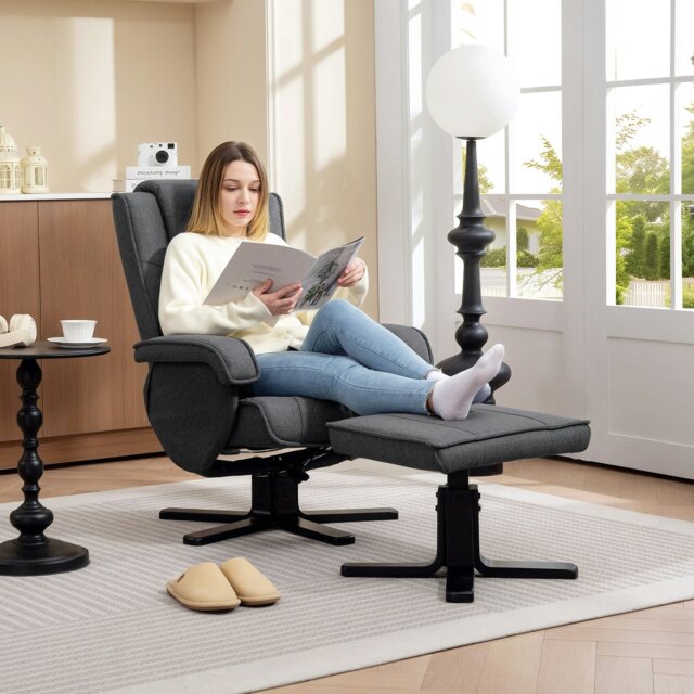 Rackhams Rocker Swivel Recliner Chair with Footstool, Linen Upholstered - Charcoal grey - 67W x 87D x 96H cm - Linen - image 1