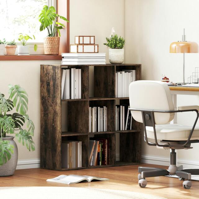 Rackhams 9 Cube Storage Unit Cabinet Bookcase Display Shelves, Black - Rustic Brown - 91W x 29.5D x 91H cm - 1 - image 1