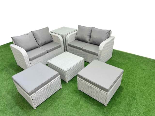 Rackhams 6 Seater Outdoor Love Sofa Set Rattan Garden Furniture Set with Square Coffee Table 2 Footstool Side Table Light Grey - image 1