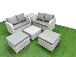 Rackhams 6 Seater Outdoor Love Sofa Set Rattan Garden Furniture Set with Square Coffee Table 2 Footstool Side Table Light Grey - thumbnail 1