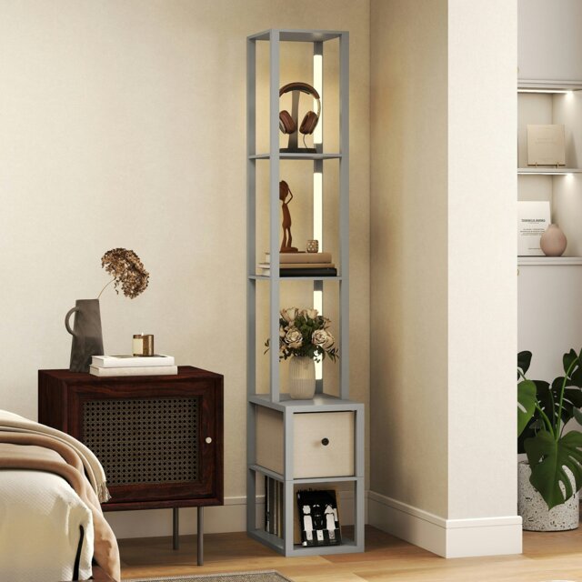Rackhams Floor Lamp with Shelves, LED Standing Lamp with Fabric Drawer, Oak - Grey - image 1