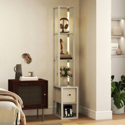 Rackhams Floor Lamp with Shelves, LED Standing Lamp with Fabric Drawer, Oak - Grey - thumbnail 3