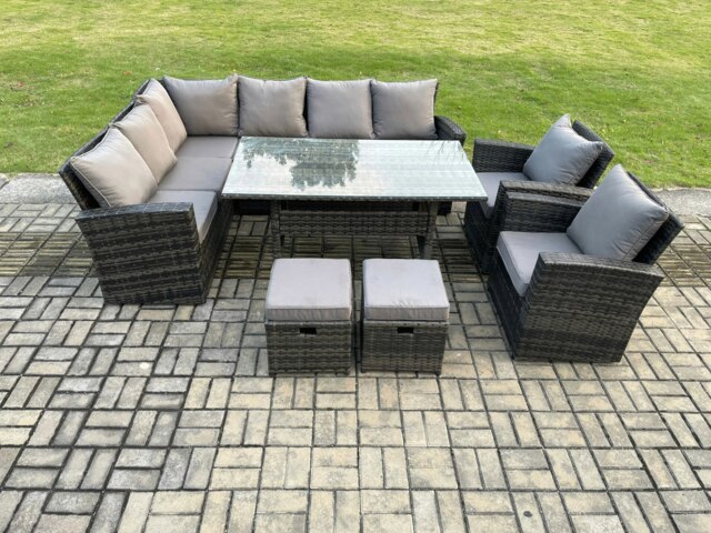 Rackhams 10 Seater Garden Rattan Furniture Corner Dining Set with 2 Small Footstools Armchair Indoor Outdoor Lounge Sofa Set Dark Grey Mixed - image 1
