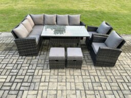 Rackhams 10 Seater Garden Rattan Furniture Corner Dining Set with 2 Small Footstools Armchair Indoor Outdoor Lounge Sofa Set Dark Grey Mixed - thumbnail 1