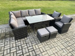 Rackhams 10 Seater Garden Rattan Furniture Corner Dining Set with 2 Small Footstools Armchair Indoor Outdoor Lounge Sofa Set Dark Grey Mixed - thumbnail 2