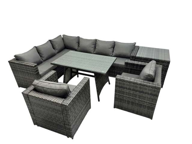 Rackhams 8 seater Outdoor PE Rattan Sofa Set with Dining Table Patio Garden Furniture Sets with 2 Chair Side Table Dark Grey Mixed - image 1