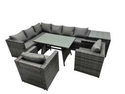 Rackhams 8 seater Outdoor PE Rattan Sofa Set with Dining Table Patio Garden Furniture Sets with 2 Chair Side Table Dark Grey Mixed - thumbnail 1