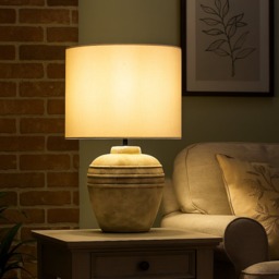Rackhams STONE EFFECT CERAMIC TABLE LAMP WITH GREY SHADE