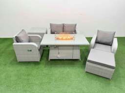 Rackhams Light Grey PE Wicker Rattan Garden Furniture Set Sofa Set Reclining Chair Fire Pit Dining Table 5 Seater With Footstool Side Table - thumbnail 1