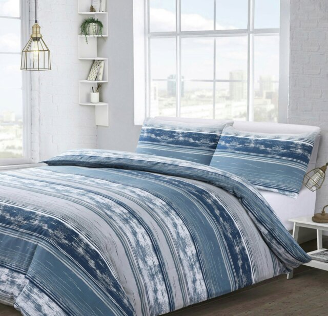 Rackhams Brooklyn Stripe Printed Cotton Blend Duvet Cover and Pillowcase Set - Blue - Double - image 1