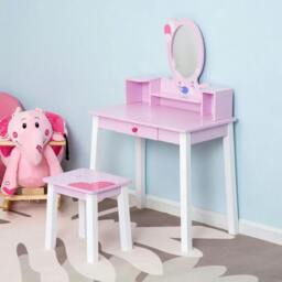 Rackhams Kids Wooden Dressing Table and Stool Make Up Desk (Pink) - Pink - thumbnail 2