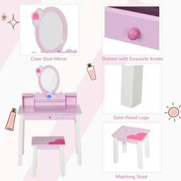Rackhams Kids Wooden Dressing Table and Stool Make Up Desk (Pink) - Pink - thumbnail 5