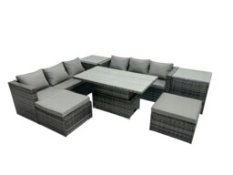 Rackhams Rattan Dining Table Sofa Set with 2 Side Tables 2 Stools Outdoor 8 Seat Garden Furniture Set Dark Grey Mixed - thumbnail 2