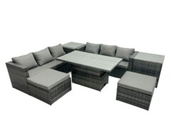 Rackhams Rattan Dining Table Sofa Set with 2 Side Tables 2 Stools Outdoor 8 Seat Garden Furniture Set Dark Grey Mixed - thumbnail 1