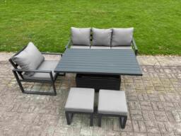 Rackhams Aluminium Outdoor Dining Set Patio Dining Furniture Set Includes Adjustable Rising Lifting Dining Table Chairs with 2 Small Footstools - thumbnail 2
