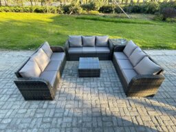 Rackhams Patio Garden Furniture Sets Wicker 9 Seater Outdoor Rattan Furniture Sofa Sets with Square Coffee Table Side Table - thumbnail 2