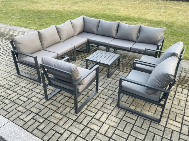 Rackhams Outdoor Garden Furniture Patio Lounge Corner Sofa Aluminium Set with Square Coffee Table 3 Pcs Arm Chairs Dark Grey