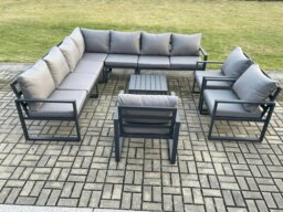 Rackhams Outdoor Garden Furniture Patio Lounge Corner Sofa Aluminium Set with Square Coffee Table 3 Pcs Arm Chairs Dark Grey - thumbnail 2
