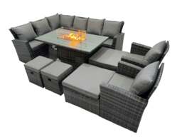 Rackhams Poly Rattan Outdoor Patio Gas Firpit Dining Table Corner Sofa Set with 4 Stools 2 Chairs for Garden Backyard Dark Grey Mixed - thumbnail 2
