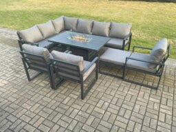 Rackhams Aluminium Outdoor Garden Furniture Corner Sofa Gas Fire Pit Dining Table Sets Gas Heater Burner with 3 Chairs Big Footstool Dark Grey 10 Seater