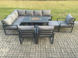 Rackhams Aluminium Outdoor Garden Furniture Corner Sofa Gas Fire Pit Dining Table Sets Gas Heater Burner with 3 Chairs Big Footstool Dark Grey 10 Seater - thumbnail 2