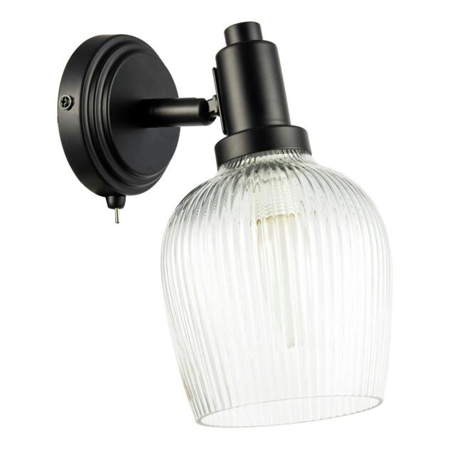 Rackhams Classy Matte Black Switched Wall Light with Clear Ribbed Glass Shade - image 1