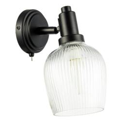 Rackhams Classy Matte Black Switched Wall Light with Clear Ribbed Glass Shade