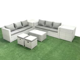 Rackhams Garden Outdoor PE Rattan Furniture Set 8 Seater Rattan Garden Sofa Set with 2 Small Footstool 2 Side Tables Light Grey Mixed - thumbnail 1