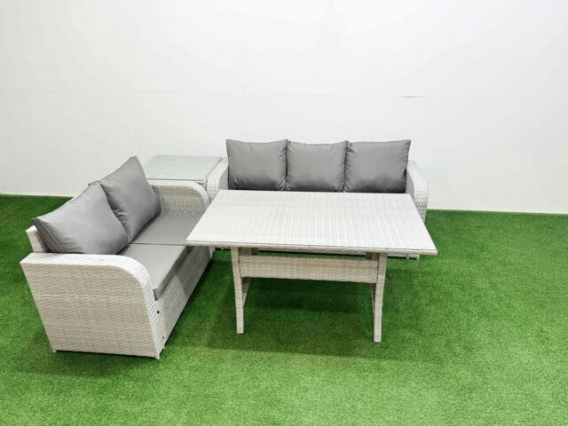 Rackhams 5 Seater PE Rattan Wicker Garden Furniture Patio Conservatory Sofa Set with Rectangular Dining Table 3 Seater Sofa Love Sofa Side Table - image 1