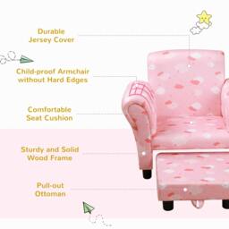 Rackhams Toddler Chair Children's Armchairs Wood Frame w/ Footrest Anti-Slip Legs High Back Arms for Bedroom Playroom Cute Cloud Star Pink - thumbnail 6