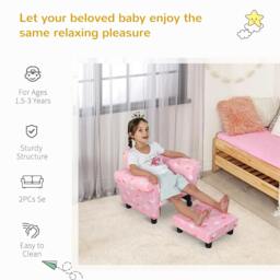 Rackhams Toddler Chair Children's Armchairs Wood Frame w/ Footrest Anti-Slip Legs High Back Arms for Bedroom Playroom Cute Cloud Star Pink - thumbnail 5