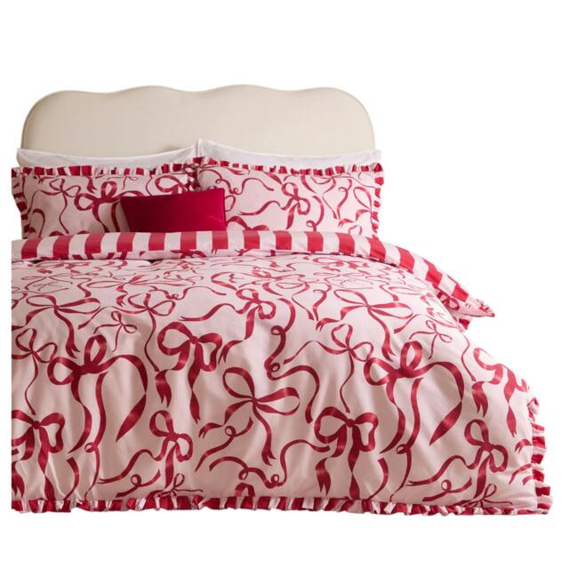 Rackhams Lavieen Bows Reversible Duvet Cover Set - Pink/Red - Double - Pink/Red - 52% Polyester/48% Cotton - image 1