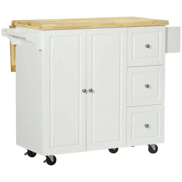 Rackhams Kitchen Island on Wheels, Rolling Kitchen Storage Trolley with Drop Leaf, Drawers, Towel and Spice Rack, White - image 1