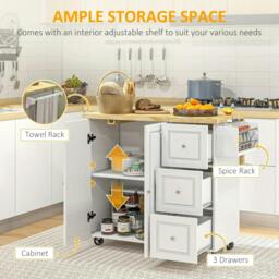 Rackhams Kitchen Island on Wheels, Rolling Kitchen Storage Trolley with Drop Leaf, Drawers, Towel and Spice Rack, White - thumbnail 5