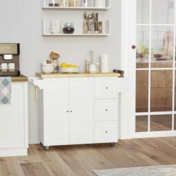 Rackhams Kitchen Island on Wheels, Rolling Kitchen Storage Trolley with Drop Leaf, Drawers, Towel and Spice Rack, White - thumbnail 2