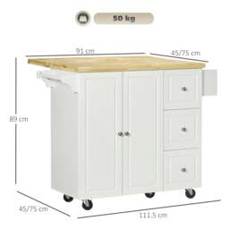 Rackhams Kitchen Island on Wheels, Rolling Kitchen Storage Trolley with Drop Leaf, Drawers, Towel and Spice Rack, White - thumbnail 3