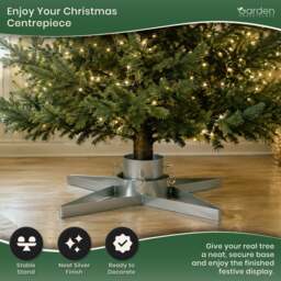 Rackhams Star-Shaped Silver Christmas Tree Stand with Water Tank, Fits Real Trees up to 2.5m, 3 Screw Clamps for 35-85mm Trunks - thumbnail 2