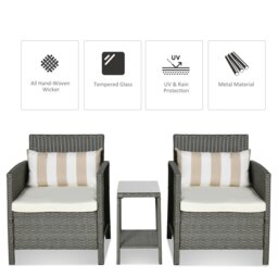 Rackhams 3 PC Outdoor Rattan Set with 2 Chairs, Coffee Table, Cushions - thumbnail 3