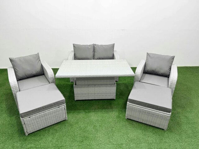 Rackhams Light Grey PE Wicker Rattan Garden Furniture Set Sofa Set Reclining Chair Adjustable Lifting Dining or Coffee Table 6 Seater 2 Big Stools - image 1