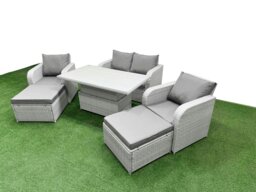 Rackhams Light Grey PE Wicker Rattan Garden Furniture Set Sofa Set Reclining Chair Adjustable Lifting Dining or Coffee Table 6 Seater 2 Big Stools - thumbnail 2