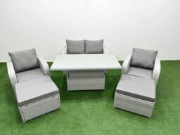 Rackhams Light Grey PE Wicker Rattan Garden Furniture Set Sofa Set Reclining Chair Adjustable Lifting Dining or Coffee Table 6 Seater 2 Big Stools - thumbnail 1