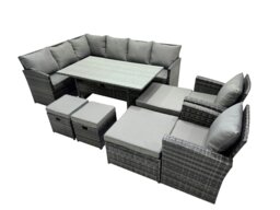 Rackhams 12 Seat Poly Rattan Outdoor Patio Dining Table Corner Sofa Set with 4 Stool 2 Chairs for Garden Backyard Dark Grey Mixed - thumbnail 2