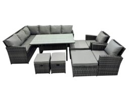 Rackhams 12 Seat Poly Rattan Outdoor Patio Dining Table Corner Sofa Set with 4 Stool 2 Chairs for Garden Backyard Dark Grey Mixed - thumbnail 1