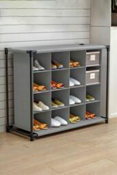 Rackhams 4-Tier Non-woven Grid Shoes Rack Cubes Storage Shelf 16 Pairs Shoes Organizer - Grey - One Size - thumbnail 1