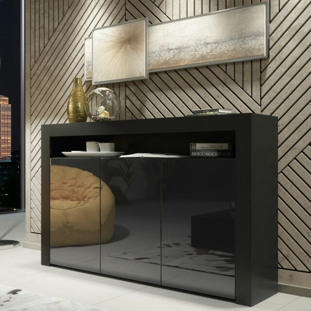 Rackhams Modern Sideboard 155cm – Black Matt Body with Black Gloss Doors - 155 cm -  MDF/Chipboard - 1 - image 1